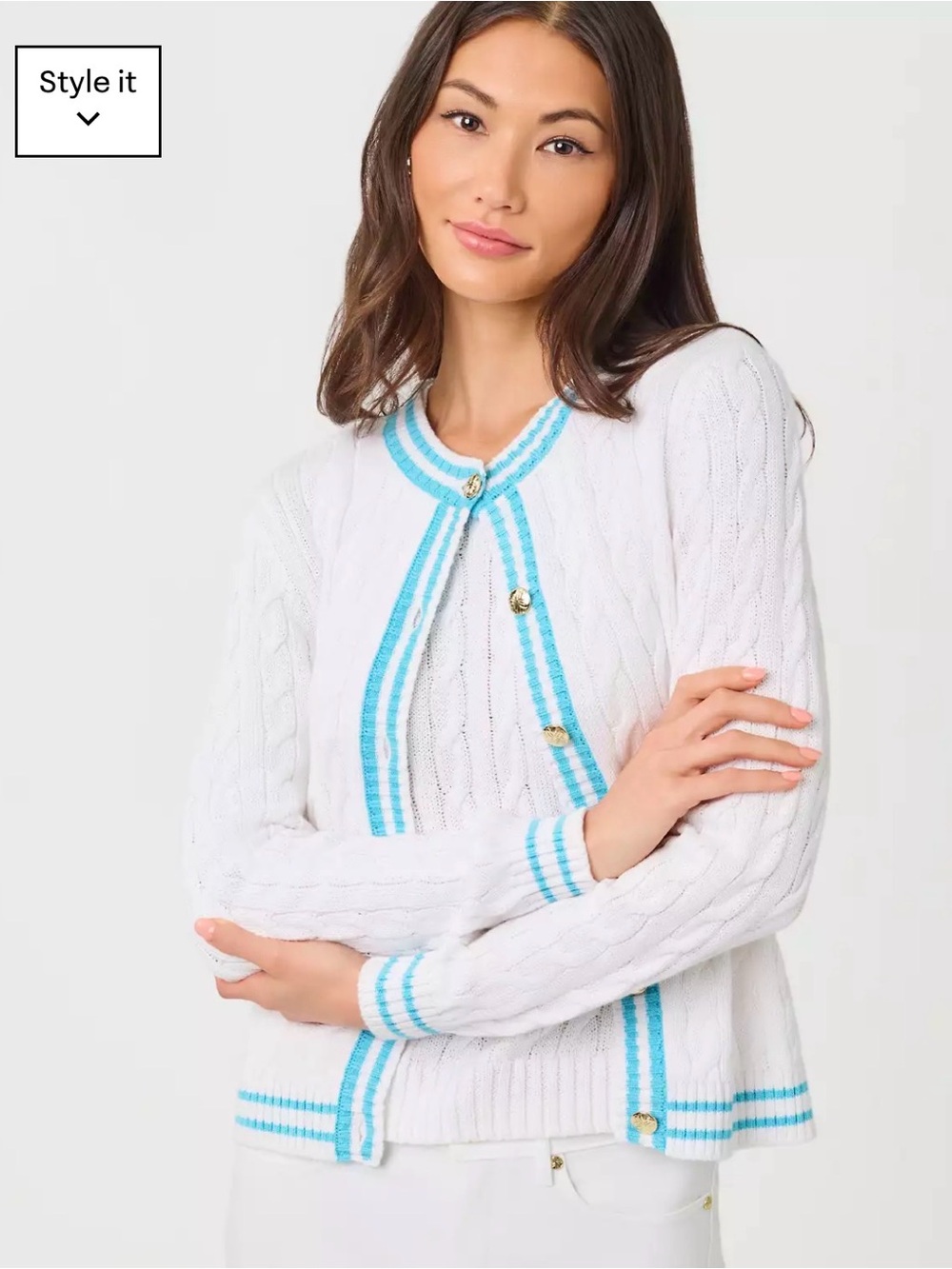 NWT Lily Pulitzer White Cable-Knit Cardigan with Blue Trim